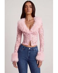 Oh Polly - Sheer Lace Faux-Fur-Trim Cardigan - Lyst