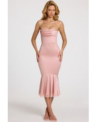 Oh Polly - Satin Lace-Trim Bandeau Fluted Midaxi Dress - Lyst