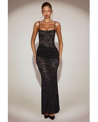 Oh Polly - Sheer Lace Square-Neck Ruched Gown - Lyst