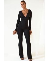 Oh Polly - Modal Ruched Plunge Flared Jumpsuit - Lyst