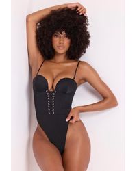 Oh Polly - Satin Plunge Neck Lace Up Corset Bodysuit - Lyst