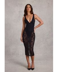 Oh Polly - Sheer Lace Scalloped Plunge Bodysuit Midaxi Dress - Lyst