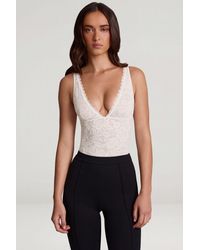Oh Polly - Sheer Lace Scalloped Plunge-Neck Bodysuit - Lyst