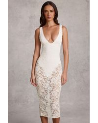 Oh Polly - Sheer Lace Scalloped Plunge Bodysuit Midaxi Dress - Lyst