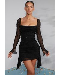 Oh Polly - Long Sleeve Embellished Cowl Neck Mini Dress - Lyst