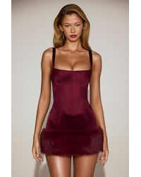 Oh Polly - Satin Square-Neck Corset Faux-Fur Mini Dress - Lyst