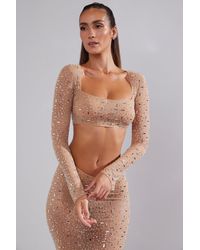 Oh Polly - Sheer Embellished Long Sleeve Crop Top - Lyst