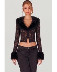 Oh Polly - Sheer Lace Faux-Fur-Trim Cardigan - Lyst