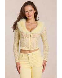Oh Polly - Lace Faux-Fur-Trim Cardigan - Lyst