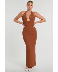 Oh Polly - Woven Twill Halter Neck Plunge Maxi Dress - Lyst