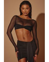 Oh Polly - Sheer Panelled Long Sleeve Crop Top - Lyst
