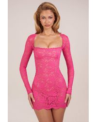 Oh Polly - Sheer Scalloped-Lace Long-Sleeve Mini Dress - Lyst