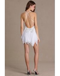 Oh Polly - Chiffon Plunge-Neck Open-Back Mini Dress - Lyst