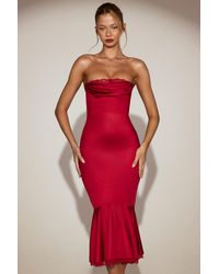 Oh Polly - Satin Lace-Trim Bandeau Fluted Midaxi Dress - Lyst