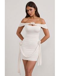 Oh Polly - Floral-Detail Off-Shoulder Ruched Bodycon Mini Dress - Lyst