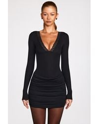 Oh Polly - Ribbed Modal Long-Sleeve Draped Mini Dress - Lyst