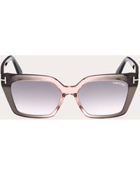 Tom Ford - Shiny Transparent Gray & Rose Mirror T-logo Cat-eye Sunglasses - Lyst