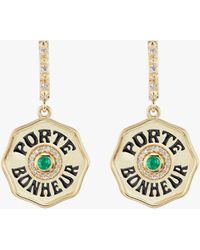 Marlo Laz Emerald Mini Porte Bonheur Hoop Drop Earrings - Metallic