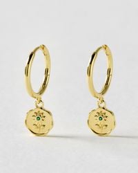 Oliver Bonas - Posie Flower Engraved Coin Charm Hoop Drop Earrings - Lyst