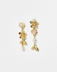 Oliver Bonas - Etta Rose Quartz, Freshwater Pearl & Flower Gold Plated Drop Earrings - Lyst