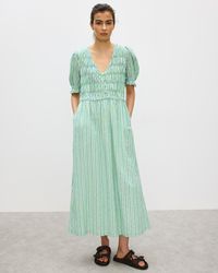 Oliver Bonas - Striped Shirred Bodice Puff Sleeve Midi Dress, Size 6 - Lyst