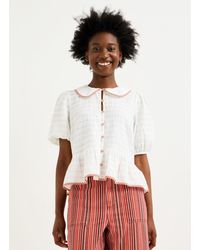 Oliver Bonas - White Textured Gingham Collar Cotton Peplum Blouse, Size 10 - Lyst
