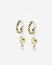 Oliver Bonas - Sienna Flower Charm, Freshwater Pearl & Hoops Gold Plated Earrings Set Of Two - Lyst