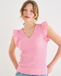 Oliver Bonas - Ribbed V-neck Frill Sleeve Top, Size 10 - Lyst