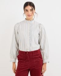 Oliver Bonas - Cream & Blue Striped Frill Neck Cotton Blouse, Size 10 - Lyst