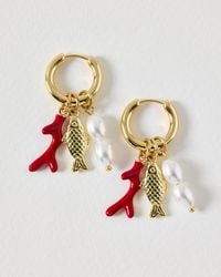 Oliver Bonas - Fish, Coral & Faux Pearl Charm Drop Hoop Earrings - Lyst