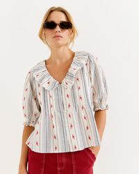 Oliver Bonas - Cream & Blue Striped Floral Jacquard Collar Blouse, Size 10 - Lyst