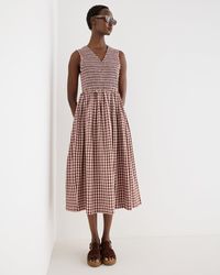 Oliver Bonas - & Brown Gingham Shirred Bodice V-neck Cotton Midi Dress, Size 10 - Lyst