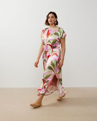 Oliver Bonas - Leaf Print Satin Midi Dress, Size 6 - Lyst