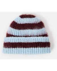 Oliver Bonas - Blue & Burgundy Striped Fluffy Knitted Beanie Hat - Lyst