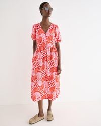 Oliver Bonas - Red & Sun Print V-neck Puff Sleeve Midi Dress, Size 18 - Lyst