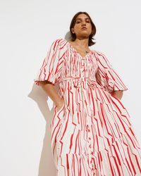 Oliver Bonas - Red & Sicilian Striped V-neck Ruched Midi Dress, Size 6 - Lyst