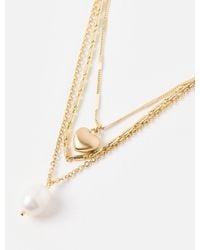 Oliver Bonas - Paige Freshwater Pearl & Heart Tone Triple Chain Necklace - Lyst