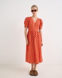 Oliver Bonas - Strawberry V-neck Puff Sleeve Midi Dress, Size 10 - Lyst