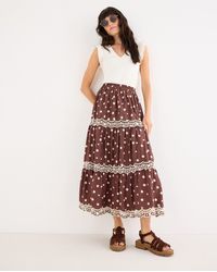 Oliver Bonas - Chocolate Polka Dot Scalloped Cutwork Midi Skirt, Size 10 - Lyst