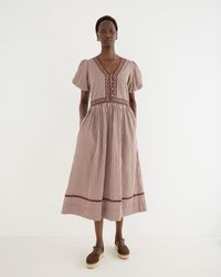 Oliver Bonas - Brown & Striped Seersucker Puff Sleeve Midi Dress, Size 10 - Lyst