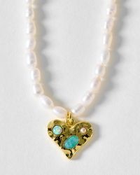 Oliver Bonas - Karina Triple Stone Inlay Heart Beaded Pearl Necklace - Lyst