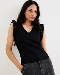 Oliver Bonas - Ribbed V-neck Broderie Frill Sleeve Top, Size 10 - Lyst