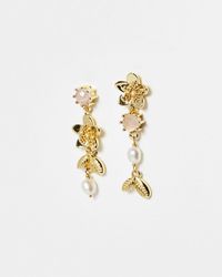 Oliver Bonas - Etta Rose Quartz, Freshwater Pearl & Flower Drop Earrings - Lyst