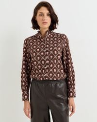 Oliver Bonas - Brown & Pink Floral Frill Neck Cotton Blouse, Size 10 - Lyst