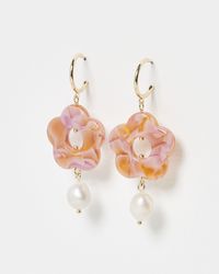Oliver Bonas - Gali & Orange Flower & Pearl Drop Hoop Earrings - Lyst