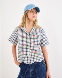 Oliver Bonas - Cream & Gingham Embroidered Short Sleeve Cotton Shirt, Size 10 - Lyst