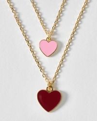 Oliver Bonas - Cove Pink & Double Heart Pendant Double Row Necklace - Lyst