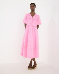 Oliver Bonas - Floral Embroidered Puff Sleeve Midi Dress, Size 10 - Lyst