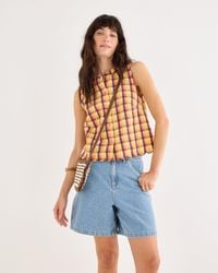 Oliver Bonas - Yellow & Brown Checked Button Up Scalloped Blouse, Size 10 - Lyst
