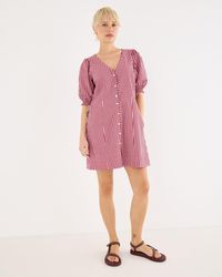 Oliver Bonas - & Burgundy Striped Seersucker Puff Sleeve Mini Dress, Size 12 - Lyst